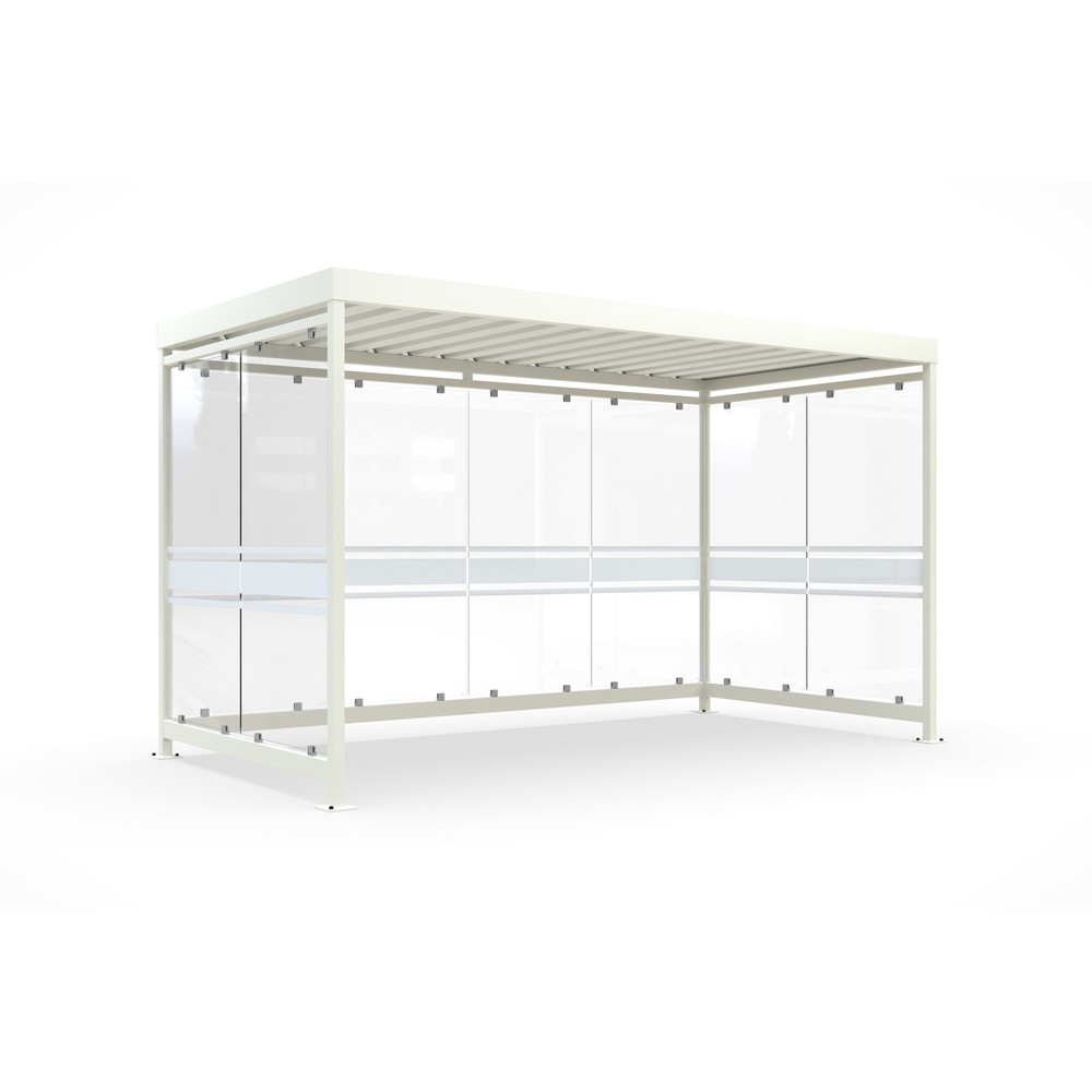 Immagine del prodotto: Pensilina per fumatori wsm®, completamente montata, per 9-10 persone, 8 elementi, RAL 9002 grigio-bianco, con decorazioni in vetro