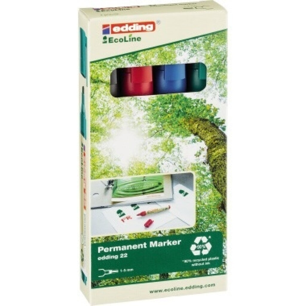 edding Permanentmarker 22 EcoLine 4-22-4 Keilspitze sort. 4 St./Pack. Produktabbildung: edding Permanentmarker 22 EcoLine 4-22-4 Keilspitze sort. 4 St./Pack.