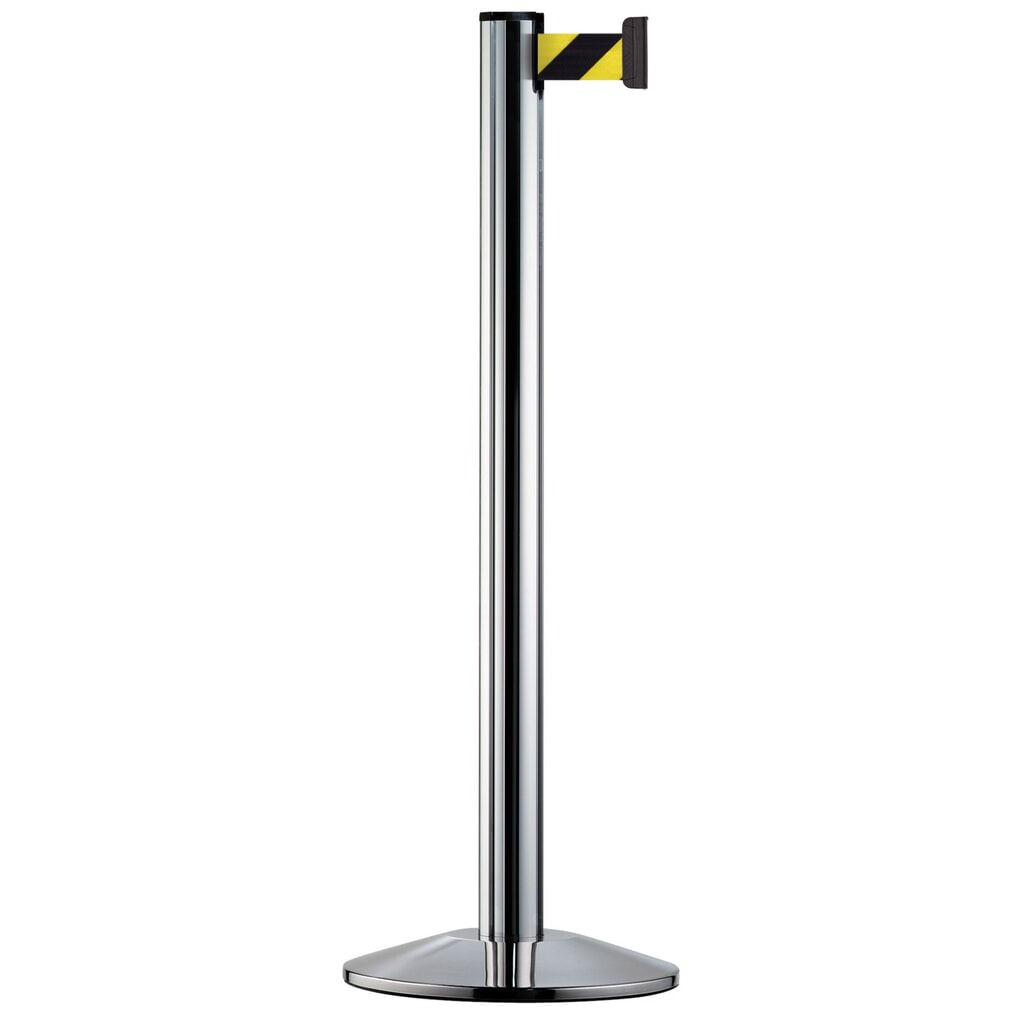 Produktabbildung: Personen-Leitsystem Classic, Ständer verchromt, Gurtfarbe schwarz / gelb diagonal gestreift