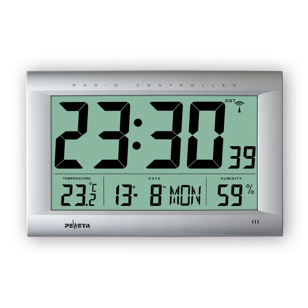 Produktabbildung: PEWETA Funk-Wanduhr DCF77 Typ 106, LCD-Anzeige, HxBxT 270 x 410 x 43 mm, silbermetallic