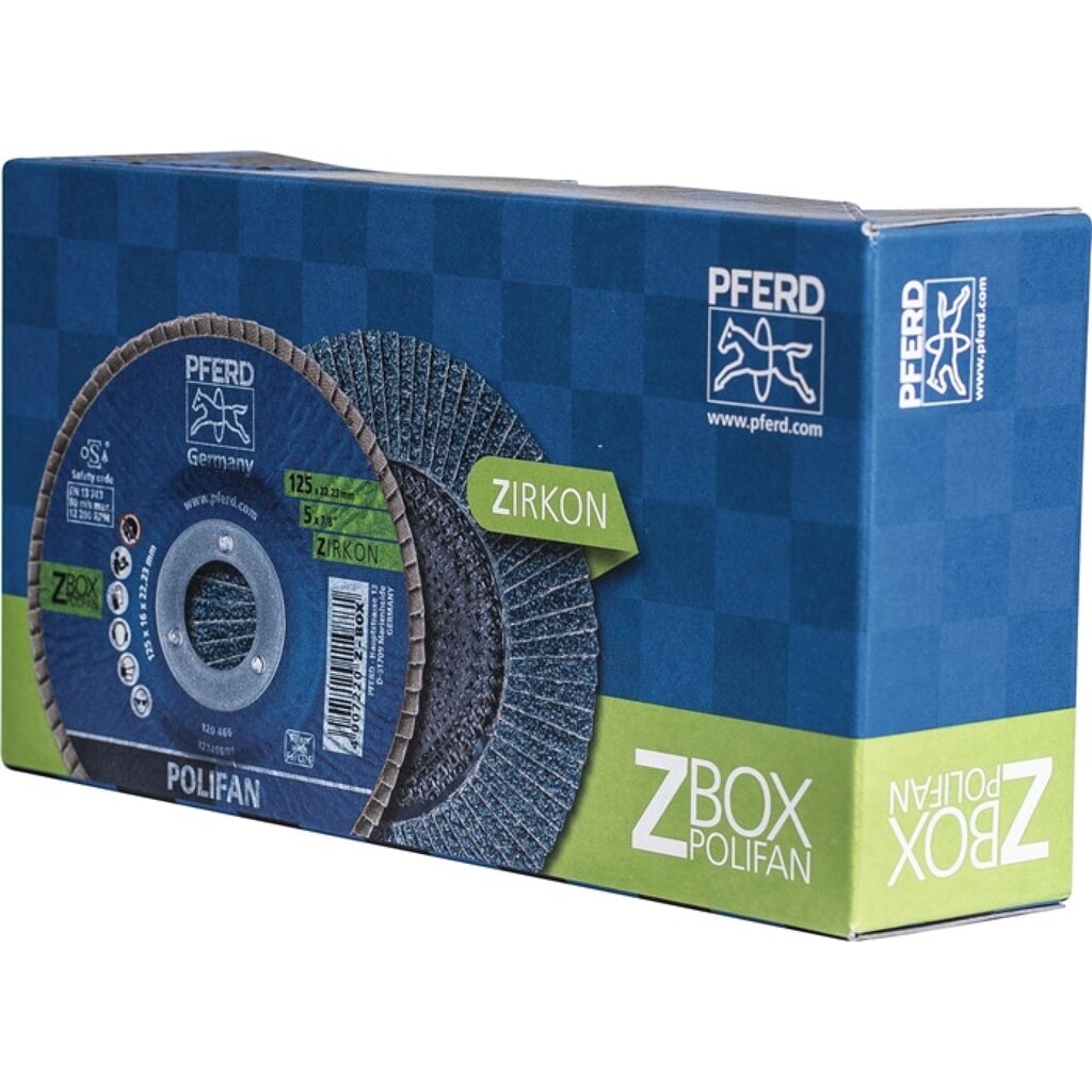 PFERD Fächerscheibe POLIFAN Z BOX D.125mm K.Z-40 kon.INOX ZK 10er Box Produktabbildung: PFERD Fächerscheibe POLIFAN Z BOX D.125mm K.Z-40 kon.INOX ZK 10er Box