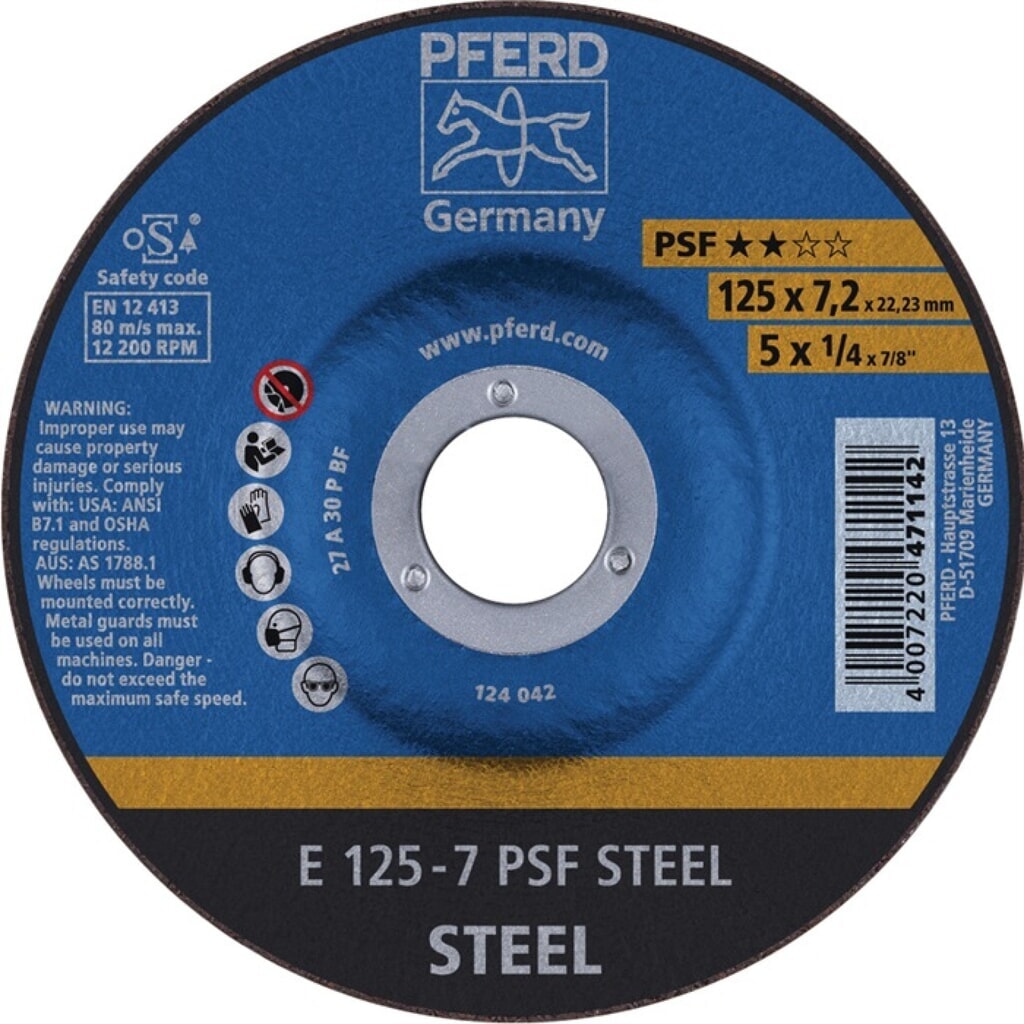 PFERD Schruppscheibe PSF STEEL D125xS7,2mm gekr.STA Bohr.22,23mm Produktabbildung: PFERD Schruppscheibe PSF STEEL D125xS7,2mm gekr.STA Bohr.22,23mm