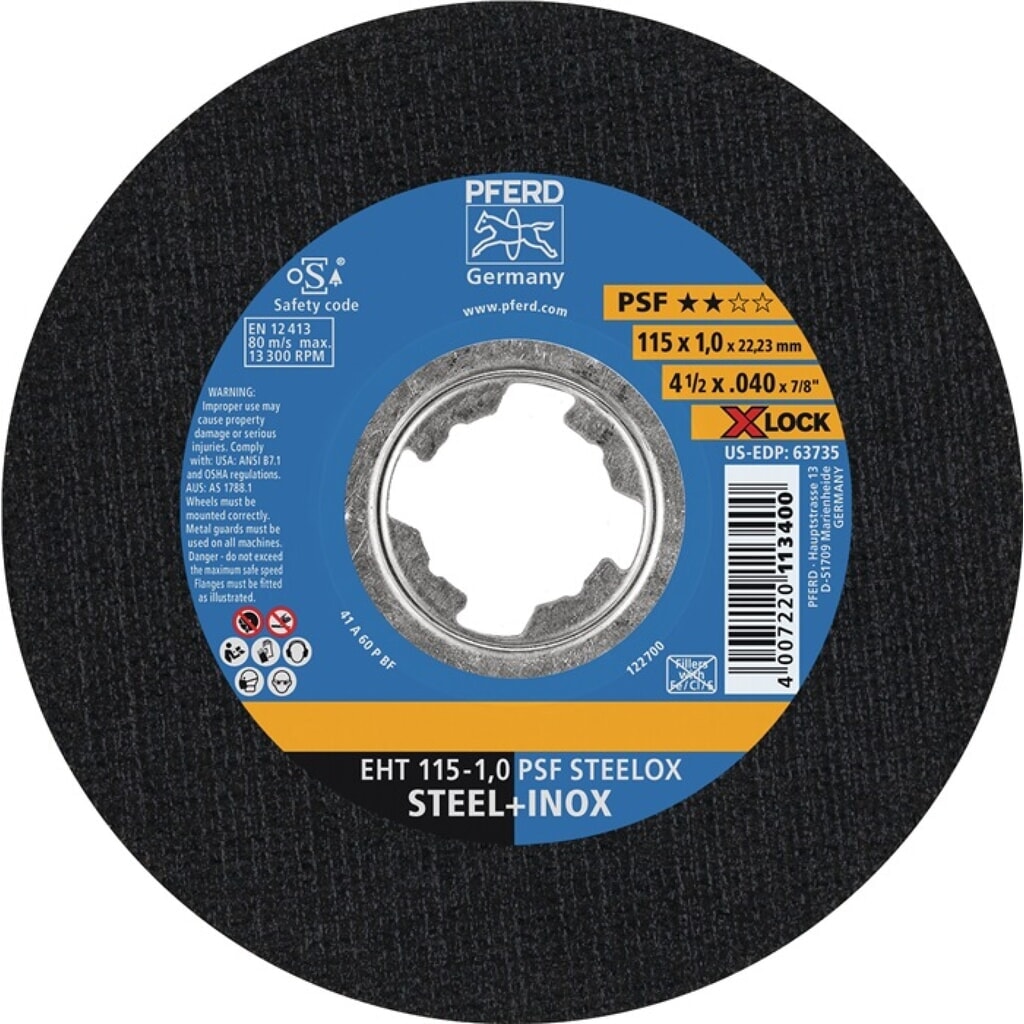 PFERD Trennscheibe X-LOCK PSF STEELOX D125x1mm ger.INOX Bohr.22,23mm Produktabbildung: PFERD Trennscheibe X-LOCK PSF STEELOX D125x1mm ger.INOX Bohr.22,23mm