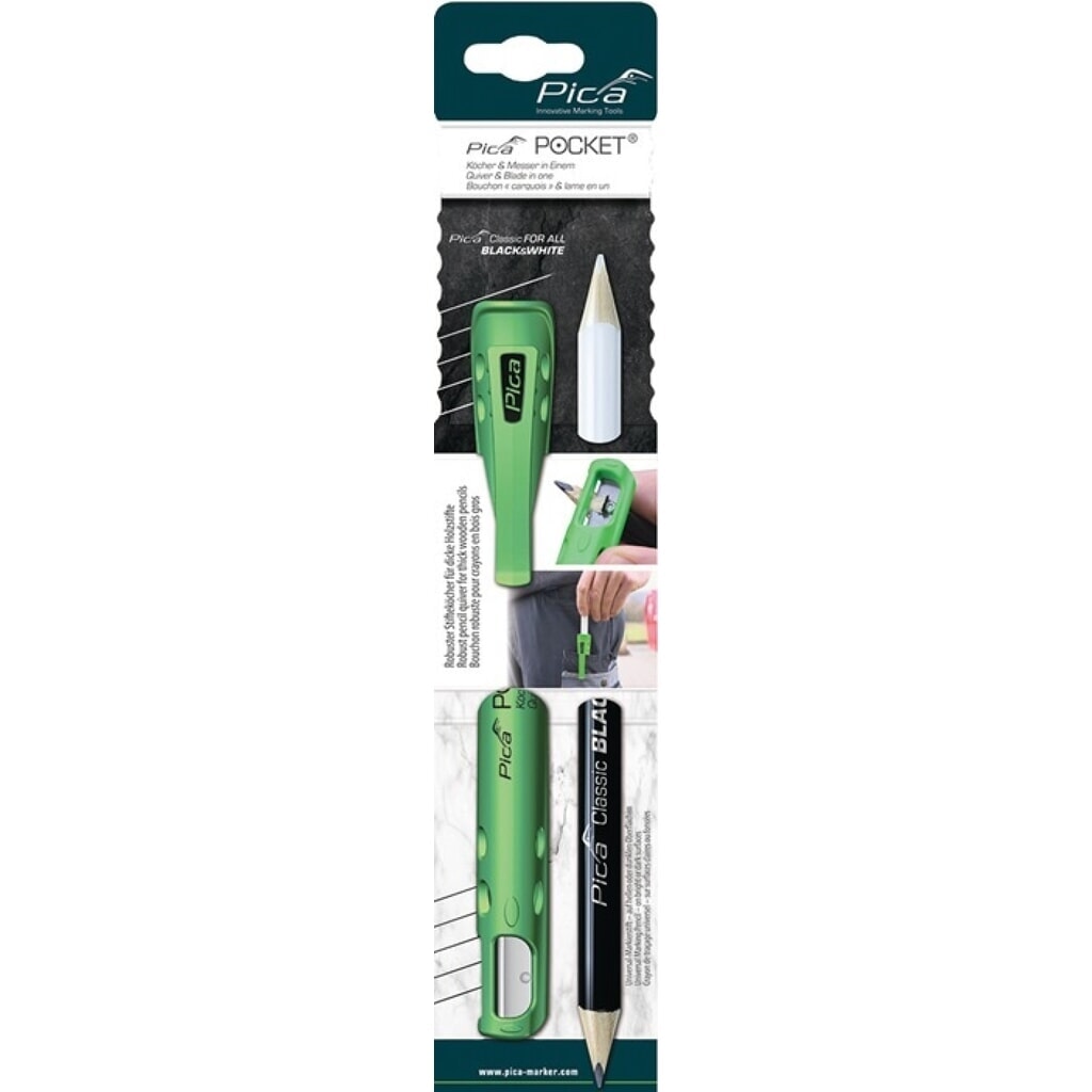 Produktabbildung: PICA Köcher Pocket, mit Spitzmesser, für Blei-/Markierstifte, mit 1 Markierstift Black & White