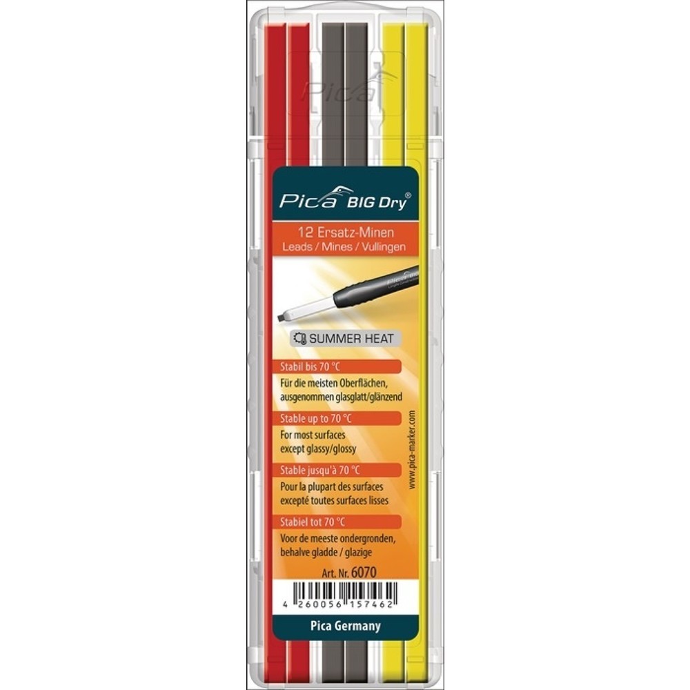 Produktabbildung: PICA Minenset Pica BIG-Dry, bis 70 ° stabil, 4x gelb / 4x rot / 4x graphit, 12 Minen / Set