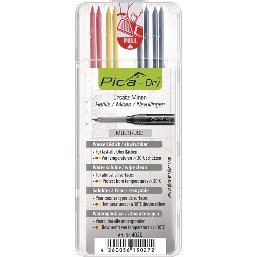 PICA Minenset Pica-Dry, feucht abwischbar, 4x schwarz, 2x rot, 2x gelb, 8 Minen / Set Produktabbildung: PICA Minenset Pica-Dry, feucht abwischbar, 4x schwarz, 2x rot, 2x gelb, 8 Minen / Set