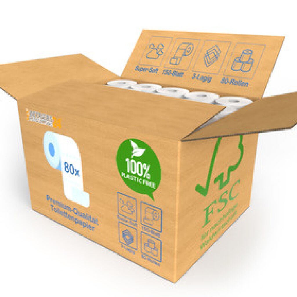 Plastikfreies Toilettenpapier Betriebsausstattung24, 3-lagig, 80 Rollen à 150 Blatt Produktabbildung: Plastikfreies Toilettenpapier Betriebsausstattung24, 3-lagig, 80 Rollen à 150 Blatt