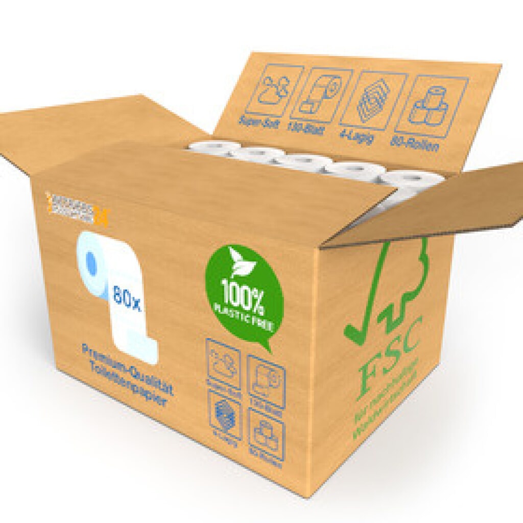 Plastikfreies Toilettenpapier Betriebsausstattung24, 4-lagig, 80 Rollen à 130 Blatt Produktabbildung: Plastikfreies Toilettenpapier Betriebsausstattung24, 4-lagig, 80 Rollen à 130 Blatt