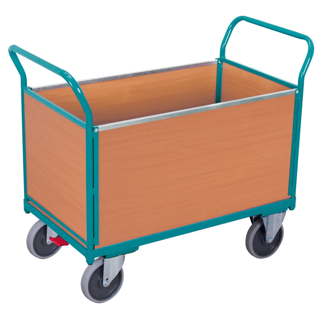 Plattformwagen Ameise®, 4-seitig mit Holzwänden, Ladefläche BxT 652 x 1.000 mm, mit Zentralbremse Produktabbildung: Plattformwagen Ameise®, 4-seitig mit Holzwänden, Ladefläche BxT 652 x 1.000 mm, mit Zentralbremse
