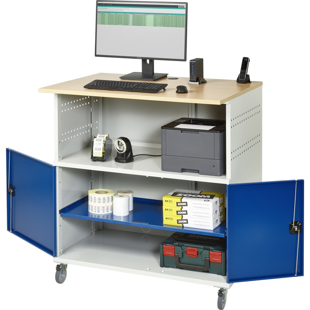 Číslo obrázka výrobku 1: Počítačový stôl RAU, v × š × h 1 150 × 1 100 × 800 mm, pracovná doska s bukovým dekorom, s 2 krídlovými dverami