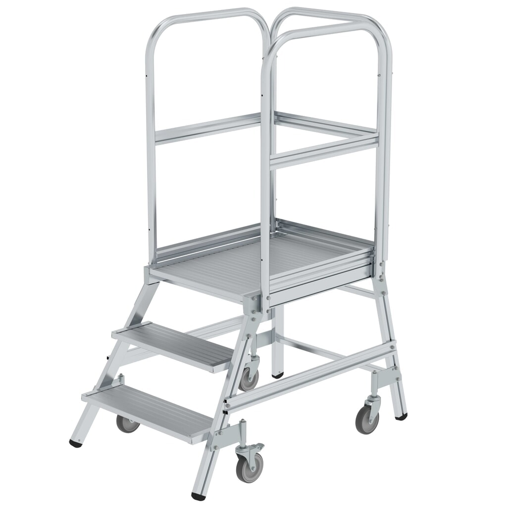 Podesttreppe einseitig begehbar mit Federrollen Aluminium geriffelt 3 Stufen Produktabbildung: Podesttreppe einseitig begehbar mit Federrollen Aluminium geriffelt 3 Stufen