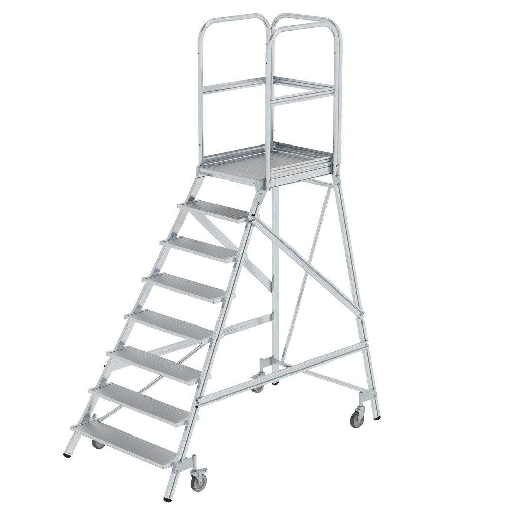 Produktabbildung: Podesttreppe einseitig begehbar mit Federrollen Aluminium geriffelt 8 Stufen