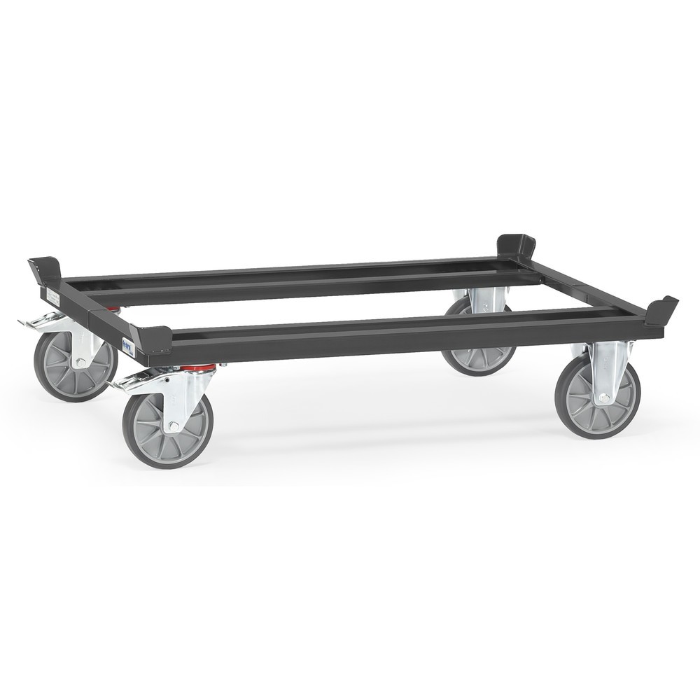 Obrázek produktu: Přepravní podvozek fetra® se stohovacími rohy, nosnost 750 kg, pro palety 1200 x 800 mm, pneumatiky TPE, antracitová šedá