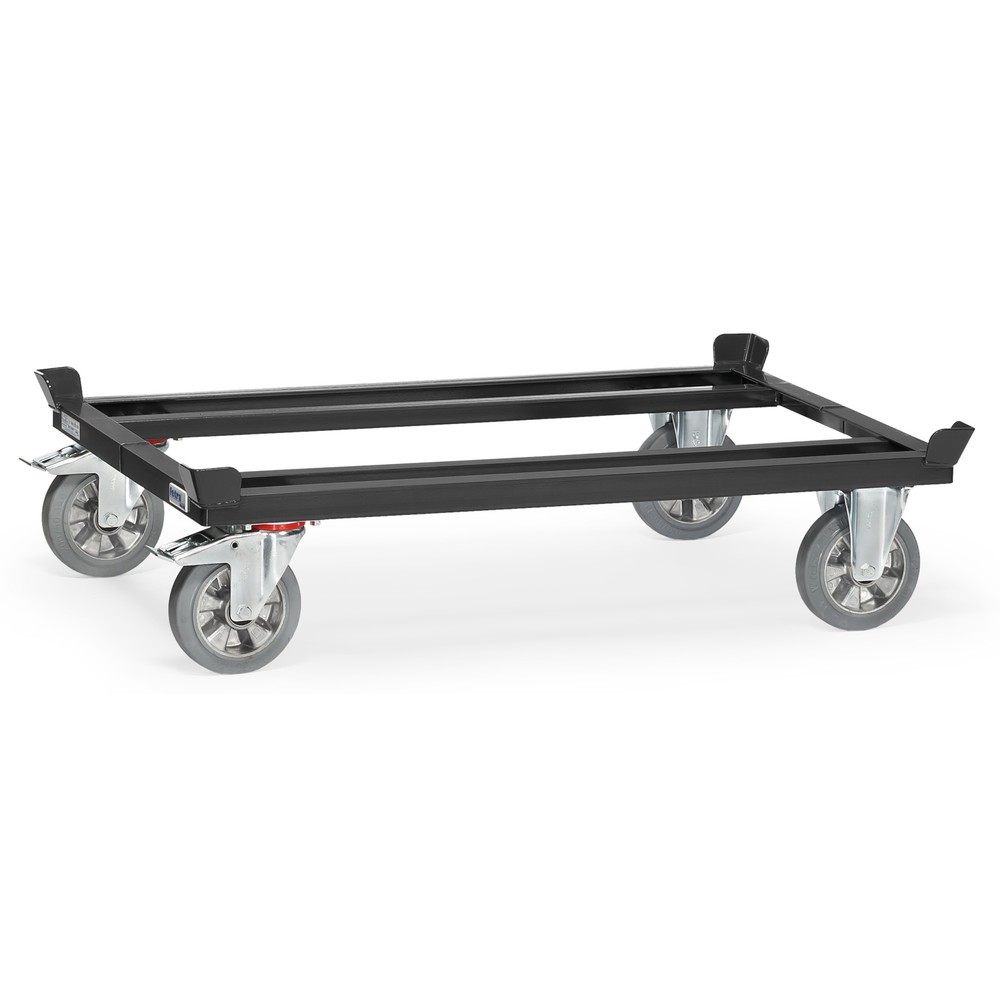 Obrázek produktu: Přepravní podvozek fetra® se stohovacími rohy, nosnost 1200 kg, pro palety 1200 x 800 mm, elastická kolečka z plné gumy