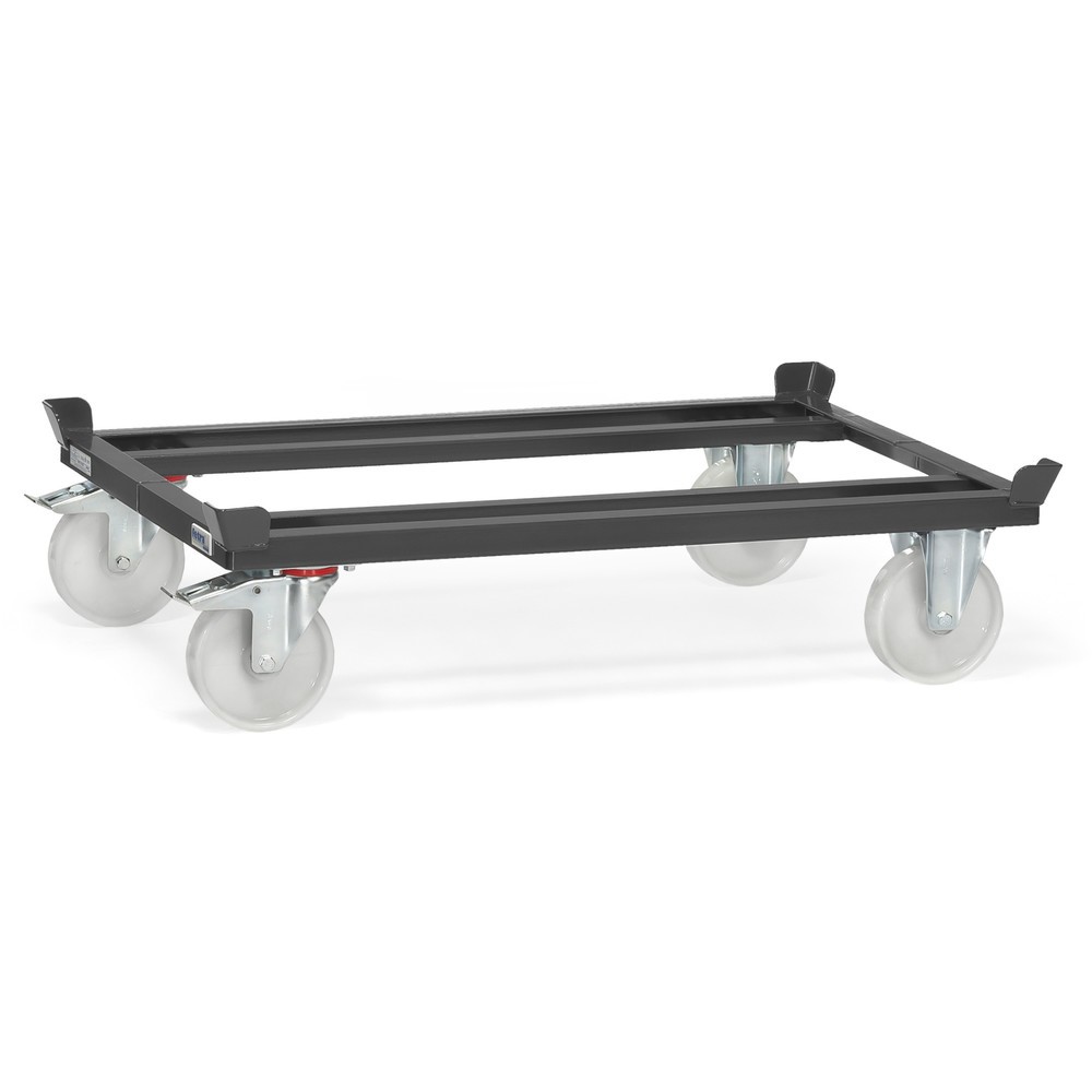 Obrázek produktu: Přepravní podvozek fetra® se stohovacími rohy, nosnost 1000 kg, pro palety 1200 x 800 mm, polyamidové pneumatiky, antracitová šedá