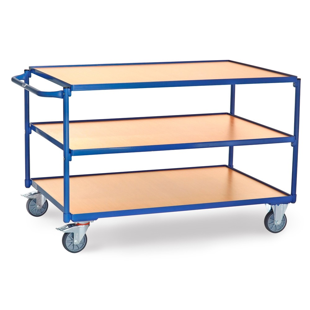 Obrázek produktu: Pojízdný stolek fetra®, nosnost 300 kg, 3 patra à 1200 × 800 mm, vodorovné posuvné madlo
