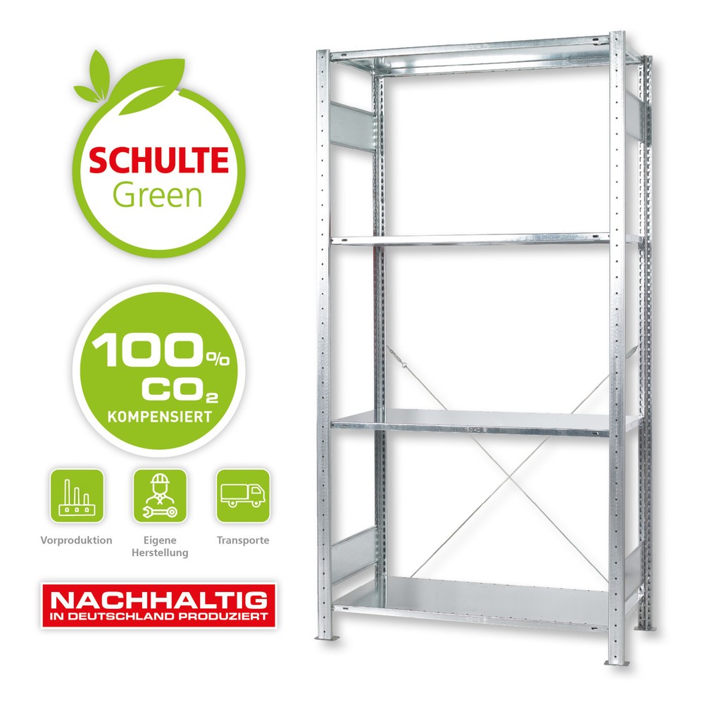Obrázok výrobku: Policový regál SCHULTE Green, zásuvná montáž, základné pole, zaťaženie police 150 kg, pozinkovaný, v × š × h 2 000 × 1 000 × 600 mm
