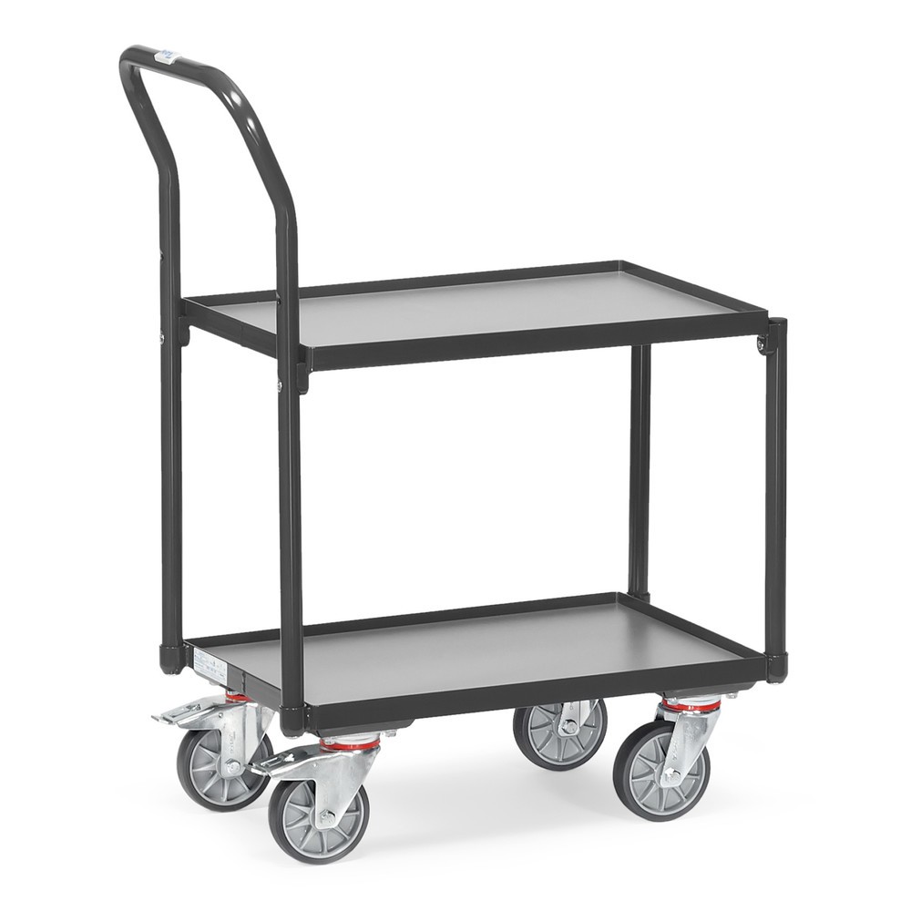 Obrázok výrobku: policový vozík fetra®, 2 drevené police s rozmermi 610 x 410 mm, bez okraja, s rukoväťou, antracitové