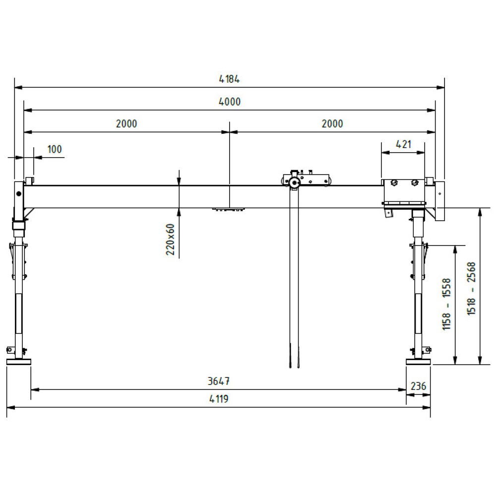 N° de l'image du produit 2 : Portique de levage SCHILLING en aluminium avec double traverse divisible, point d'accrochage 1.785-2.835 mm, longueur 4.000 mm, capacité de charge 1.500 kg
