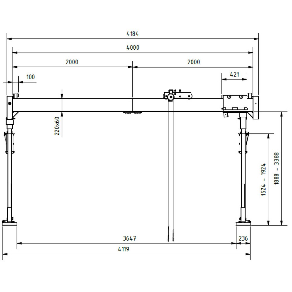 N° de l'image du produit 2 : Portique de levage SCHILLING en aluminium avec double traverse divisible, point d'accrochage 2 155 -3 655 mm, longueur 4 000 mm, capacité de charge 1 000 kg