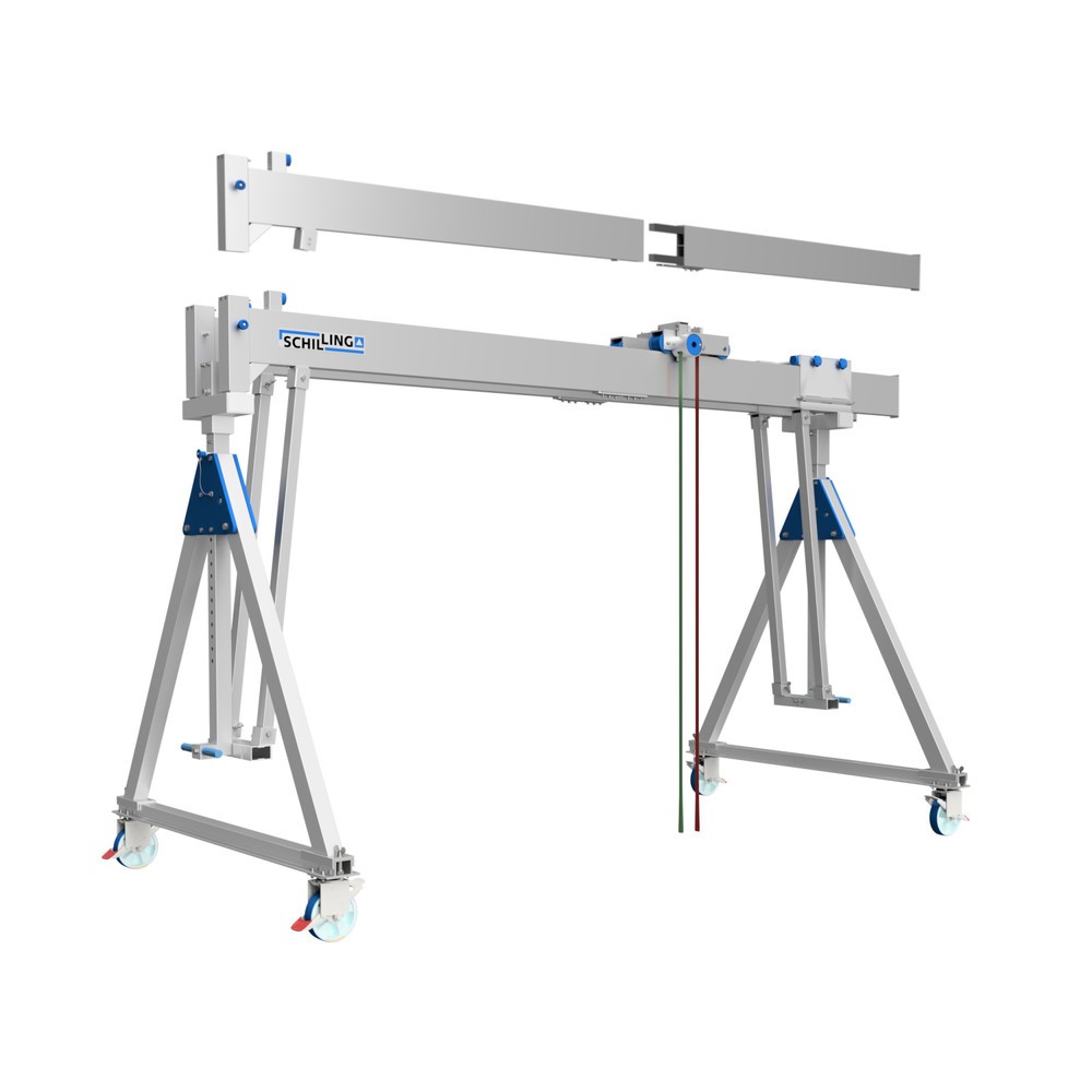 Illustration du produit: Portique de levage SCHILLING en aluminium avec double traverse divisible, mobile, point d'accrochage 2 044-2 444 mm, longueur 4 000 mm, capacité de charge 1 000 kg