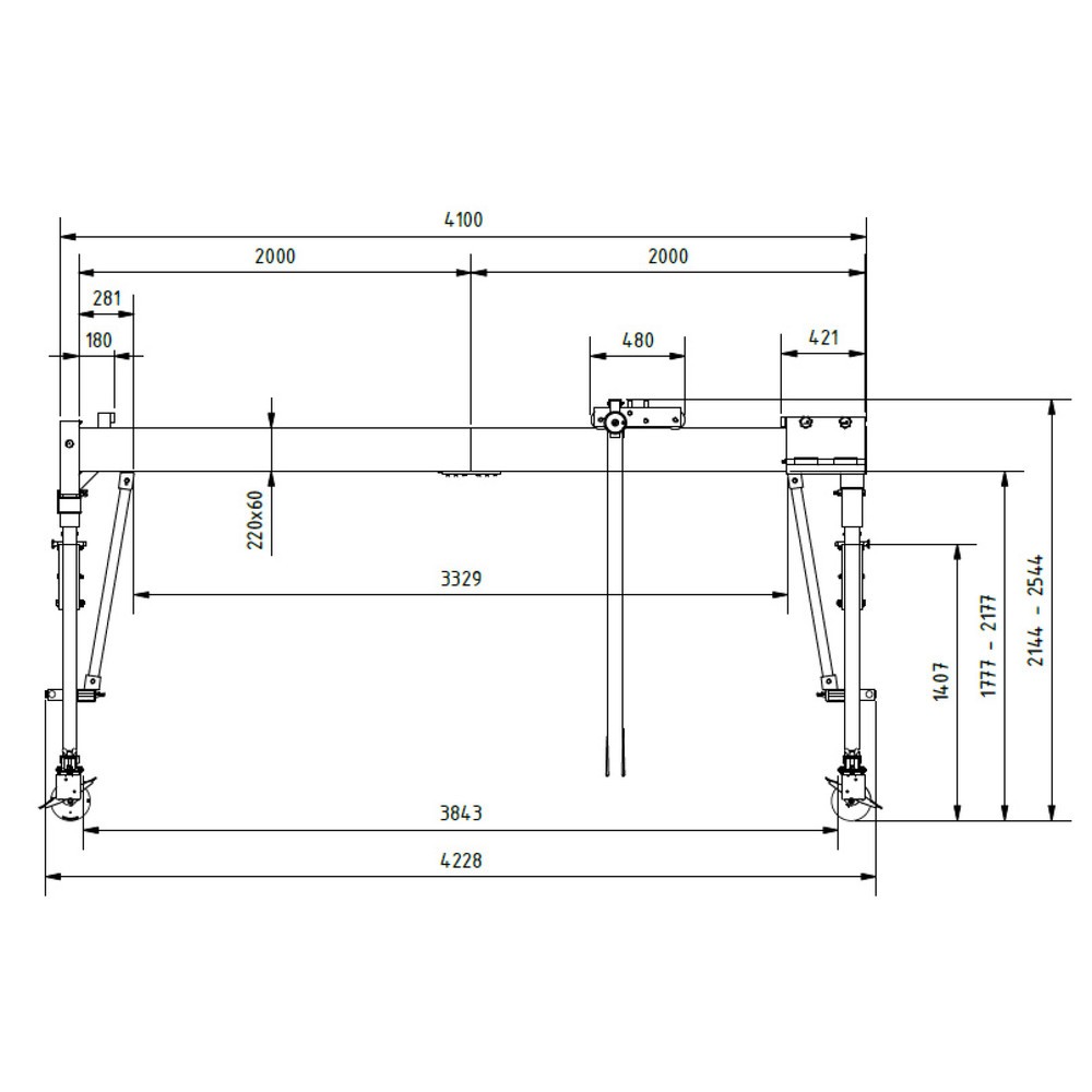 N° de l'image du produit 3 : Portique de levage SCHILLING en aluminium avec double traverse divisible, mobile, point d'accrochage 2 044-2 444 mm, longueur 4 000 mm, capacité de charge 1 000 kg