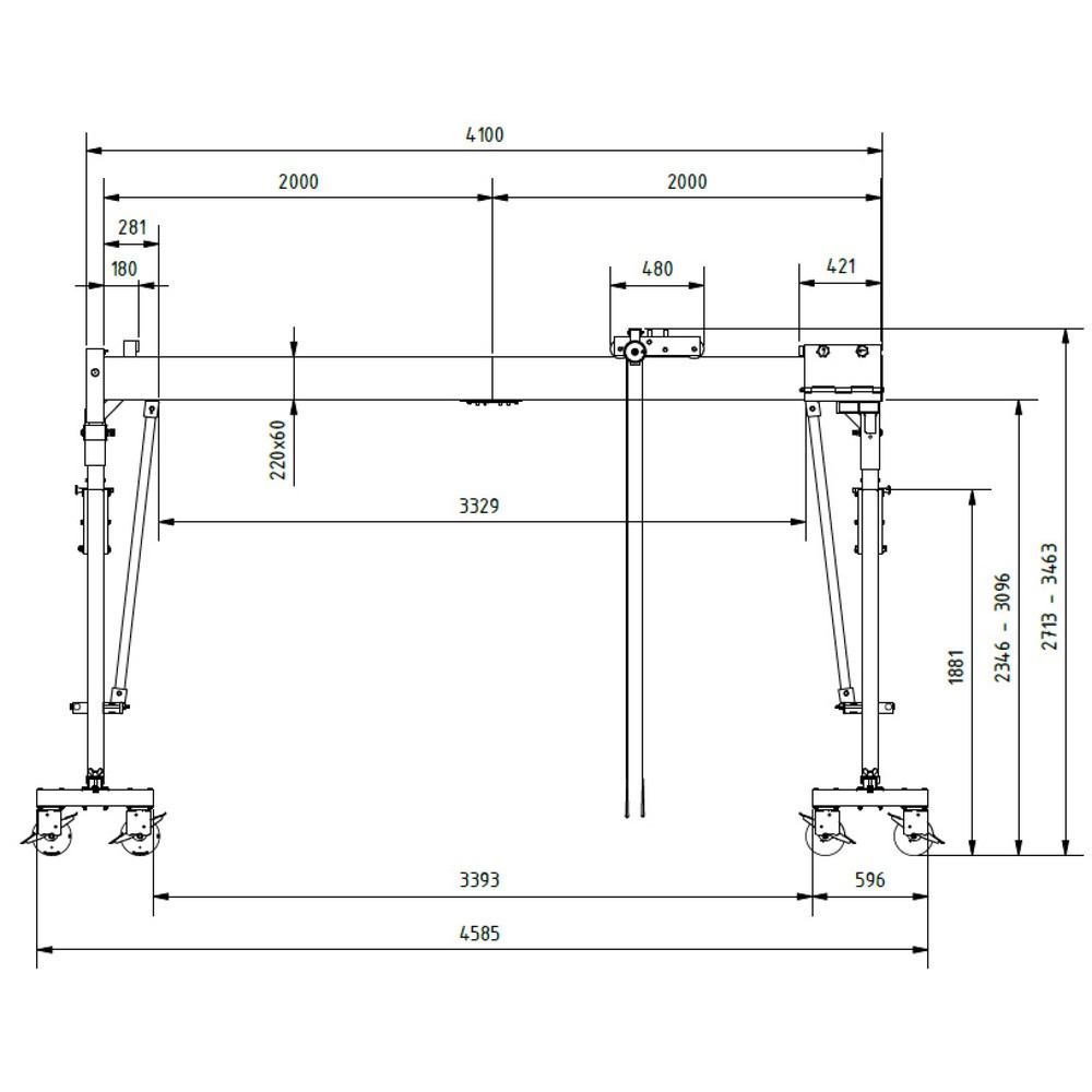 N° de l'image du produit 2 : Portique de levage SCHILLING en aluminium avec double traverse divisible, mobile, point d'accrochage 2 613-3 363 mm, longueur 4 000 mm, capacité de charge 3 000 kg