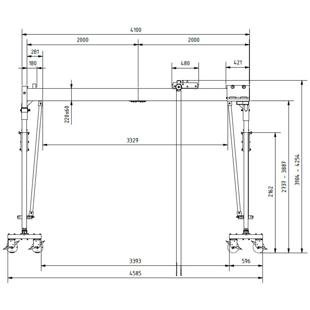N° de l'image du produit 2 : Portique de levage SCHILLING en aluminium avec double traverse divisible, mobile, point d'accrochage 3 003-4 153 mm, longueur 4 000 mm, capacité de charge 3 000 kg
