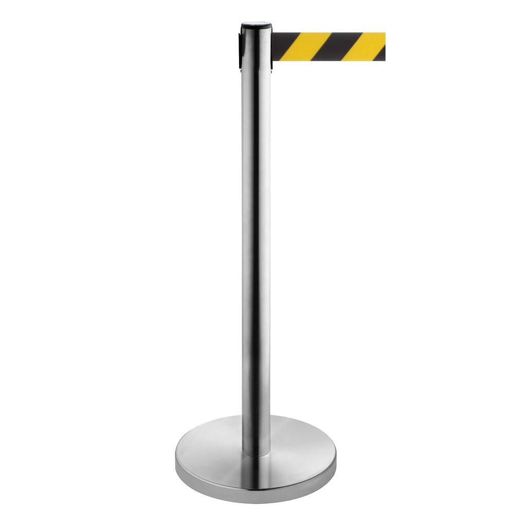 Illustration du produit: Potelet de délimitation à sangle RS-GUIDESYSTEMS®, acier inoxydable, largeur de sangle 50 mm, strié en diagonale noir/jaune, 2,3 m