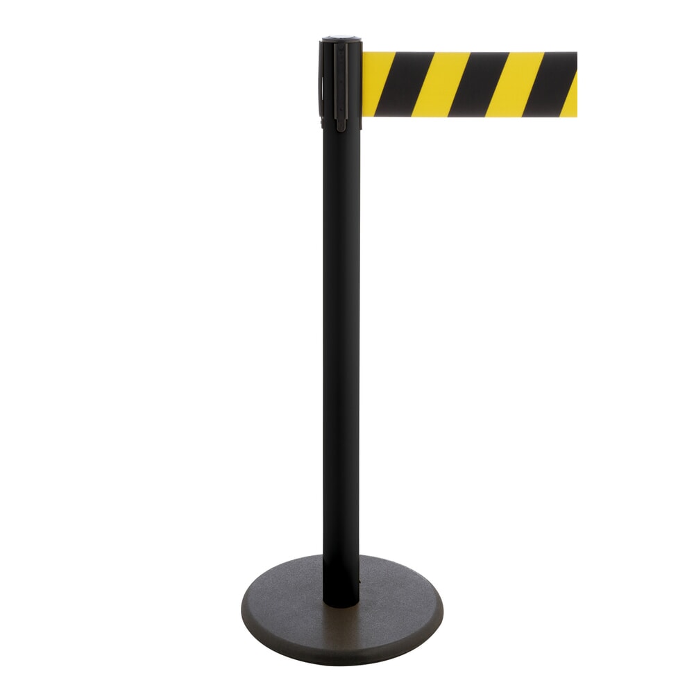 Illustration du produit: Potelet de délimitation à sangle RS-GUIDESYSTEMS®, socle en fonte, largeur de sangle 100 mm, noir, strié en diagonale noir/jaune, 3,8 m