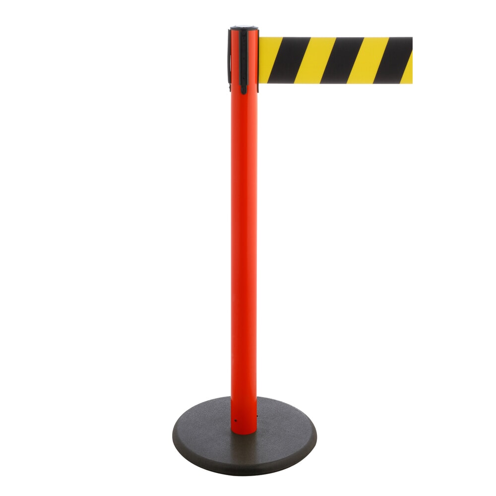 Illustration du produit: Potelet de délimitation à sangle RS-GUIDESYSTEMS®, socle en fonte, largeur de sangle 100 mm, rouge, strié en diagonale noir/jaune, 3,8 m