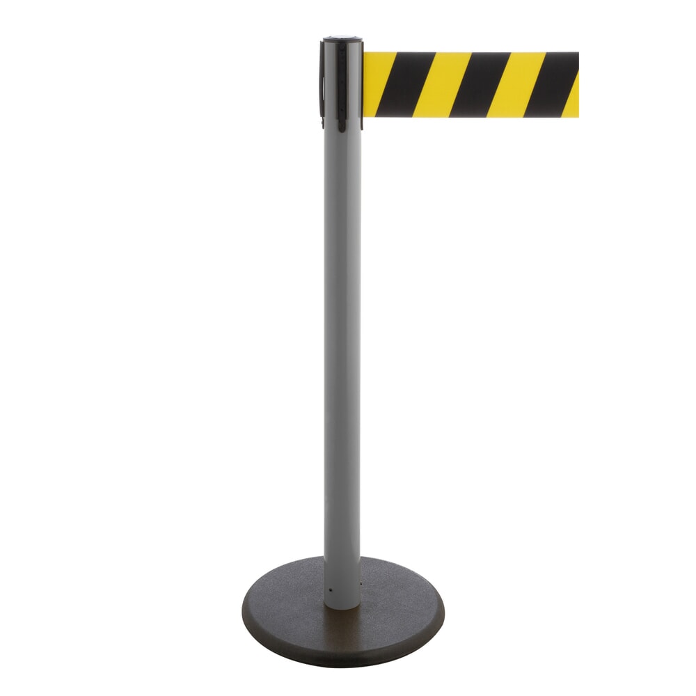 Illustration du produit: Potelet de délimitation à sangle RS-GUIDESYSTEMS®, socle en fonte, largeur de sangle 100 mm, anthracite, strié en diagonale noir/jaune, 3,8 m