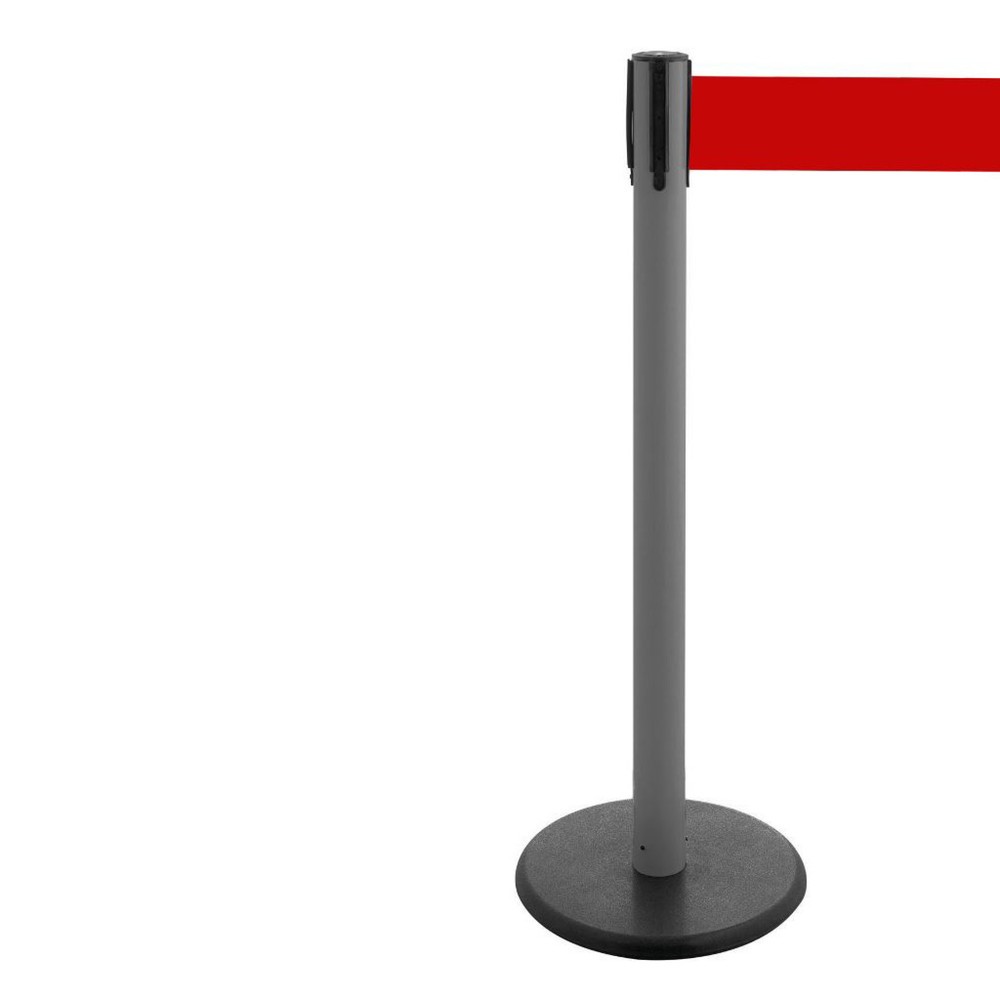 Illustration du produit: Potelet de délimitation à sangle RS-GUIDESYSTEMS®, socle en fonte, largeur de sangle 100 mm, anthracite, strié en diagonale rouge/blanc, 3,8 m