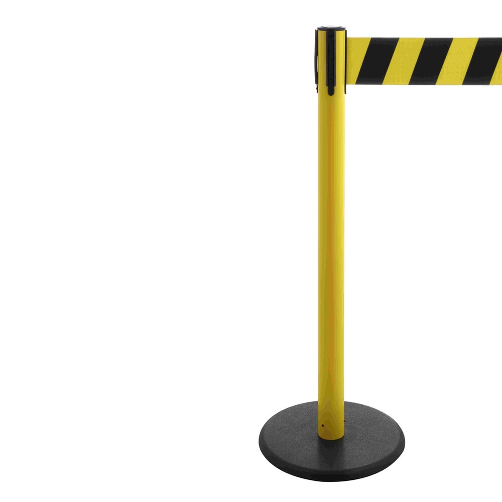 Illustration du produit: Potelet de délimitation à sangle RS-GUIDESYSTEMS®, socle en fonte, largeur de sangle 100 mm, jaune, strié en diagonale noir/jaune, 3,8 m