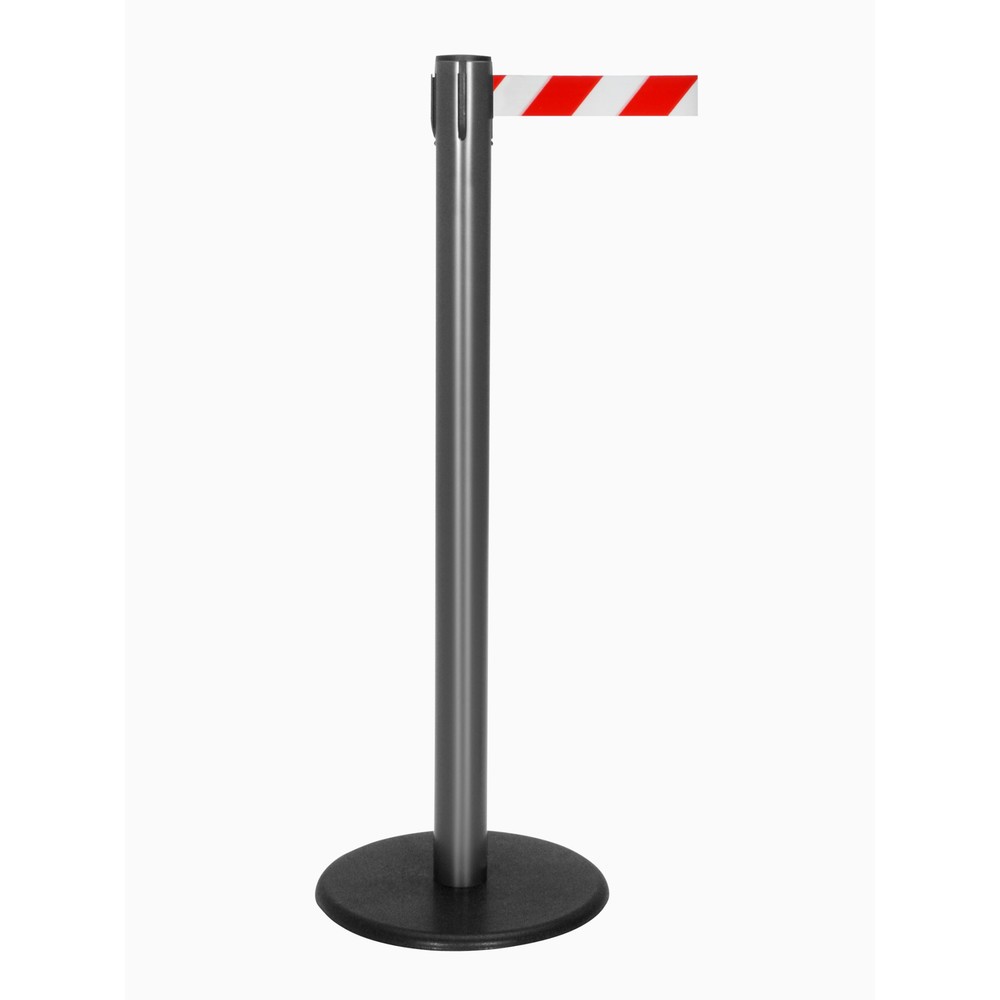 Illustration du produit: Potelet de délimitation à sangle RS-GUIDESYSTEMS®, socle en fonte, largeur de sangle 50 mm, anthracite, strié en diagonale rouge/blanc, 4,0 m