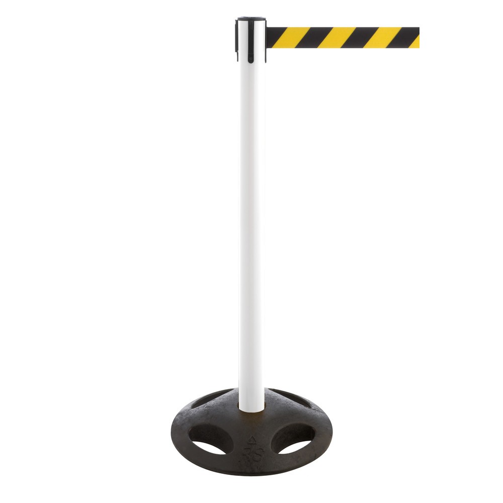 Illustration du produit: Potelet de délimitation à sangle RS-GUIDESYSTEMS®, socle en matériau composite, largeur de sangle 50 mm, blanc, strié en diagonale noir/jaune