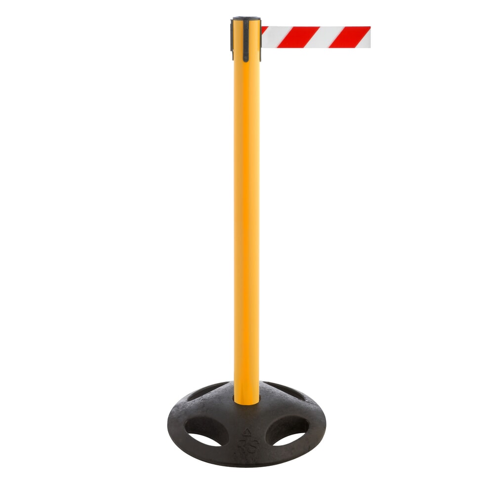 Illustration du produit: Potelet de délimitation à sangle RS-GUIDESYSTEMS®, socle en matériau composite, largeur de sangle 50 mm, jaune, strié en diagonale rouge/blanc