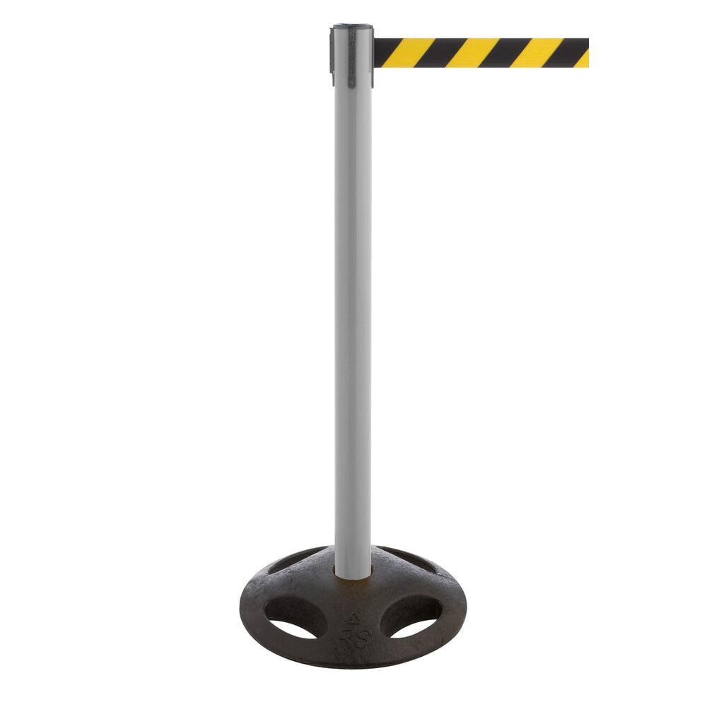 Illustration du produit: Potelet de délimitation à sangle RS-GUIDESYSTEMS®, socle en matériau composite, largeur de sangle 100 mm, anthracite, strié en diagonale noir/jaune