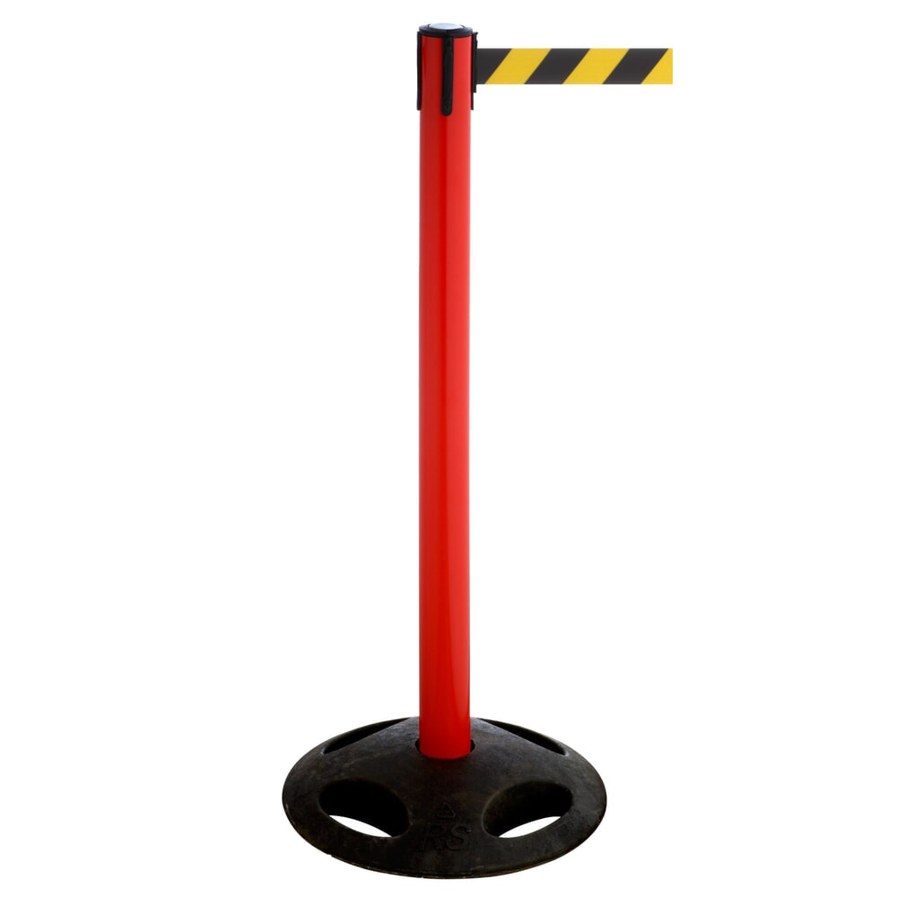 Illustration du produit: Potelet de délimitation à sangle RS-GUIDESYSTEMS®, socle en matériau composite, largeur de sangle 50 mm, rouge, strié en diagonale noir/jaune