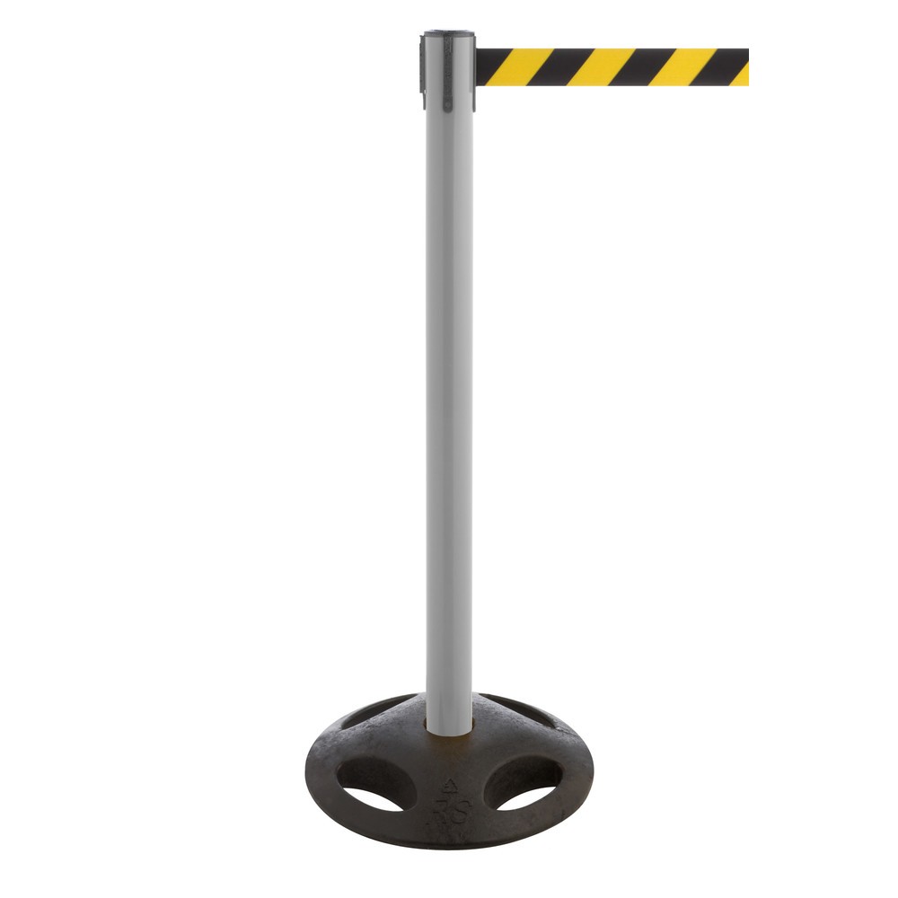 Illustration du produit: Potelet de délimitation à sangle RS-GUIDESYSTEMS®, socle en matériau composite, largeur de sangle 50 mm, gris, strié en diagonale noir/jaune