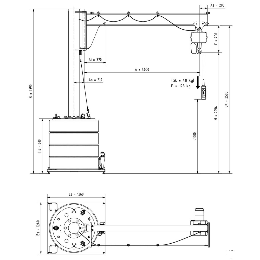 N° de l'image du produit 3 : Potence VETTER®, palan électrique à chaîne LIFTKET inclus, plage de pivotement de 270°, portée 4 000 mm, capacité de charge 125 kg