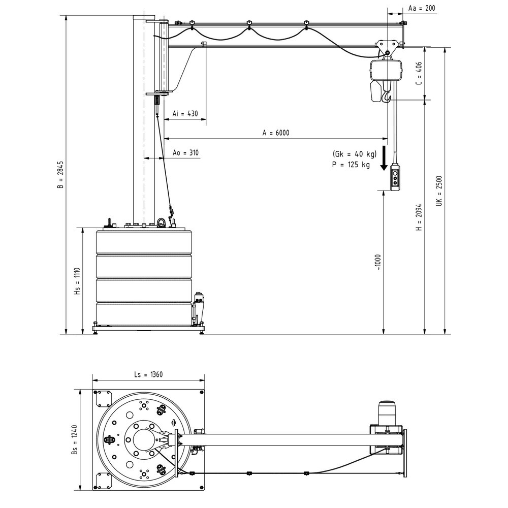 N° de l'image du produit 3 : Potence VETTER®, palan électrique à chaîne LIFTKET inclus, plage de pivotement de 270°, portée 6 000 mm, capacité de charge 125 kg