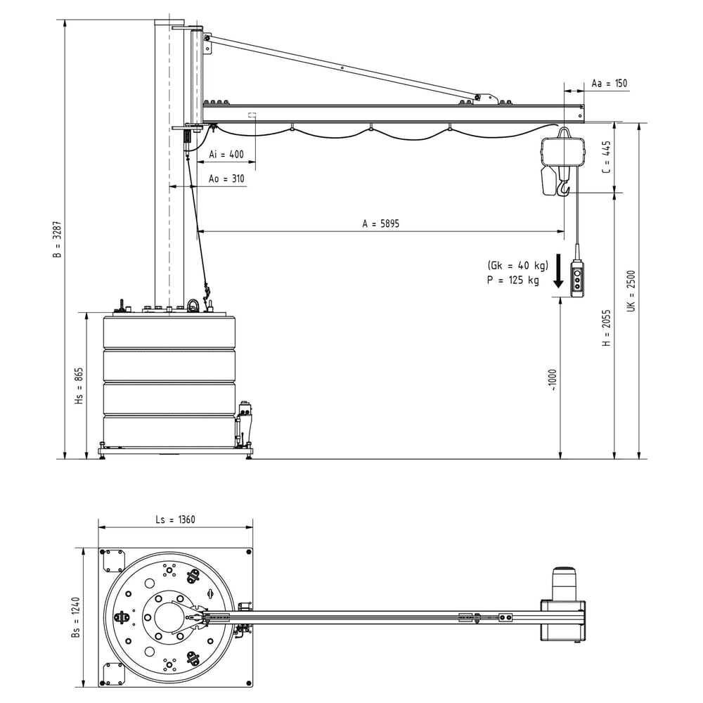 N° de l'image du produit 3 : Potence VETTER®, palan électrique à chaîne LIFTKET inclus, plage de pivotement de 270°, portée 5 900 mm, capacité de charge 125 kg