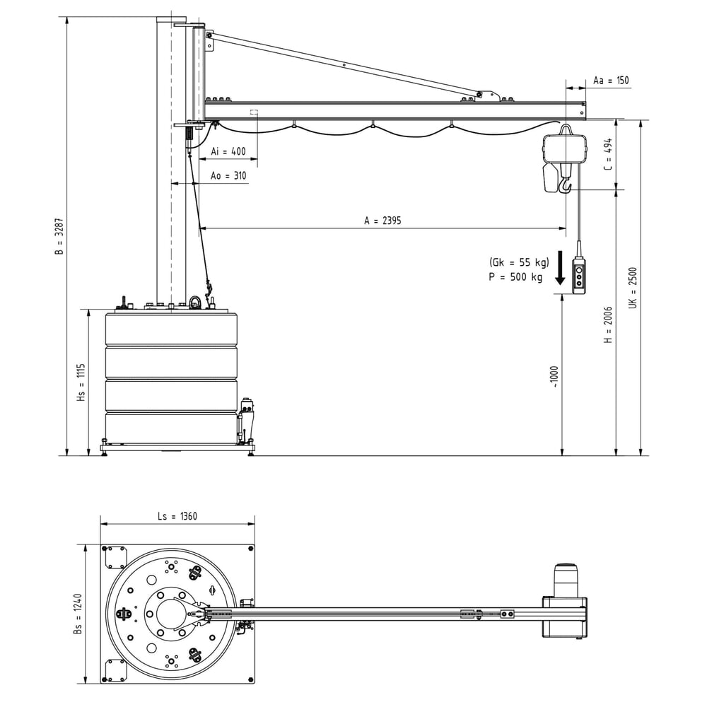 N° de l'image du produit 3 : Potence VETTER®, palan électrique à chaîne LIFTKET inclus, plage de pivotement de 270°, portée 2 400 mm, capacité de charge 500 kg