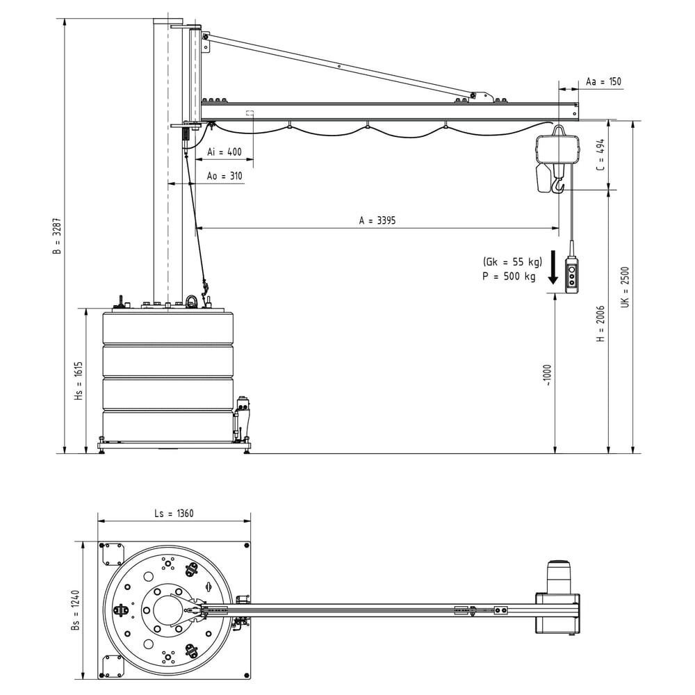 N° de l'image du produit 3 : Potence VETTER®, palan électrique à chaîne LIFTKET inclus, plage de pivotement de 270°, portée 3 400 mm, capacité de charge 500 kg