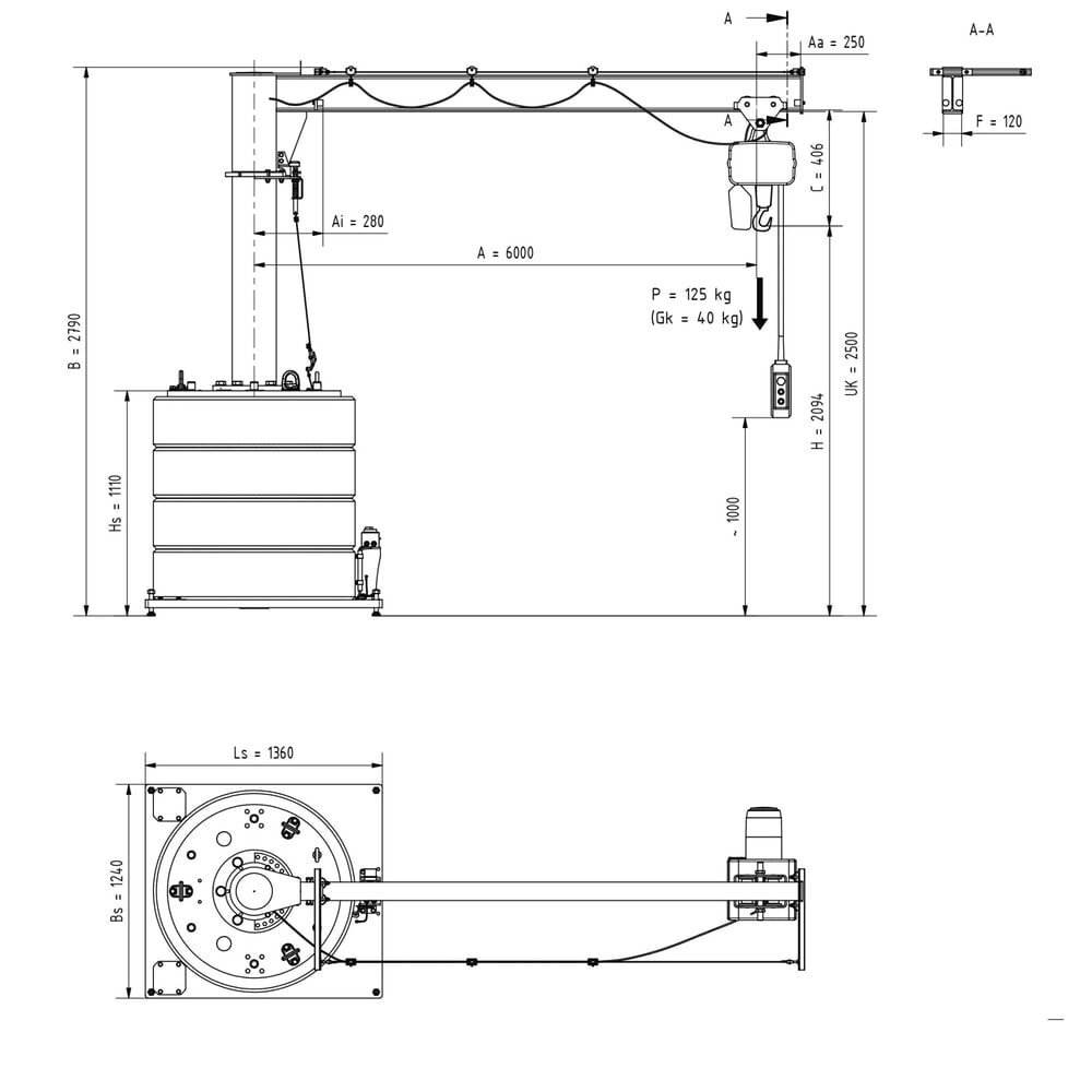 N° de l'image du produit 2 : Potence VETTER®, palan électrique à chaîne électrique LIFTKET inclus, version mobile, plage de pivotement de 360°, portée 6 000 mm, capacité de charge 125 kg