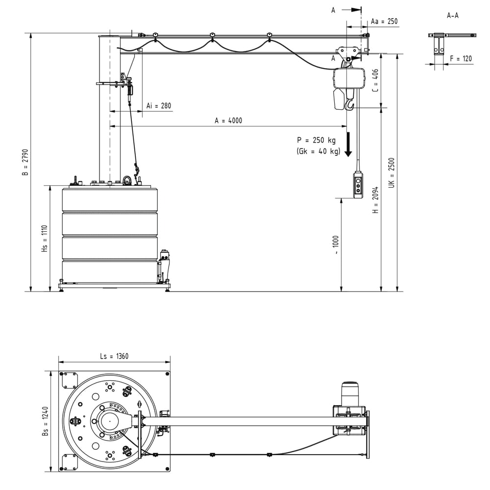 N° de l'image du produit 2 : Potence VETTER®, palan électrique à chaîne électrique LIFTKET inclus, version mobile, plage de pivotement de 360°, portée 4 000 mm, capacité de charge 250 kg