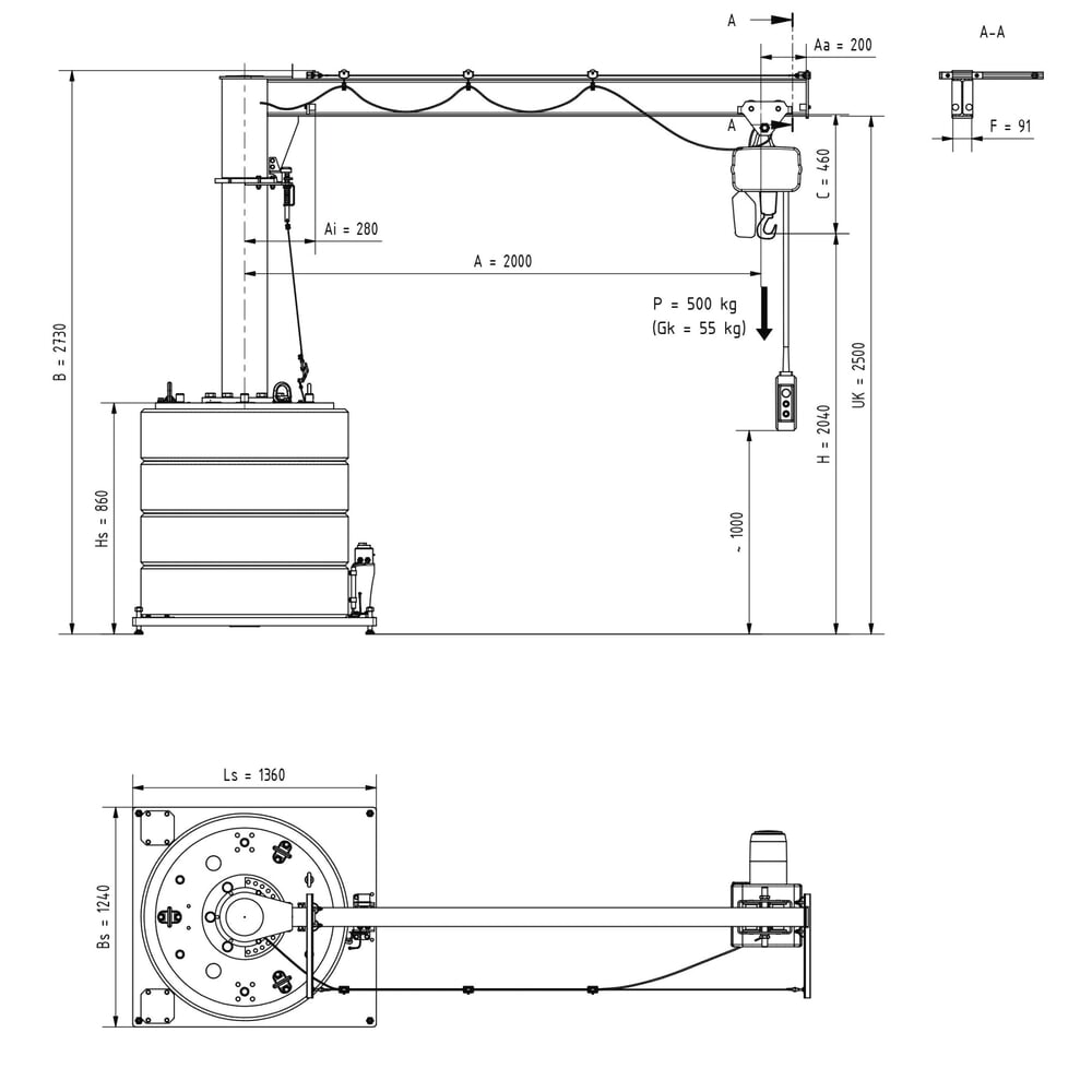 N° de l'image du produit 2 : Potence VETTER®, palan électrique à chaîne électrique LIFTKET inclus, version mobile, plage de pivotement de 360°, portée 2 000 mm, capacité de charge 500 kg