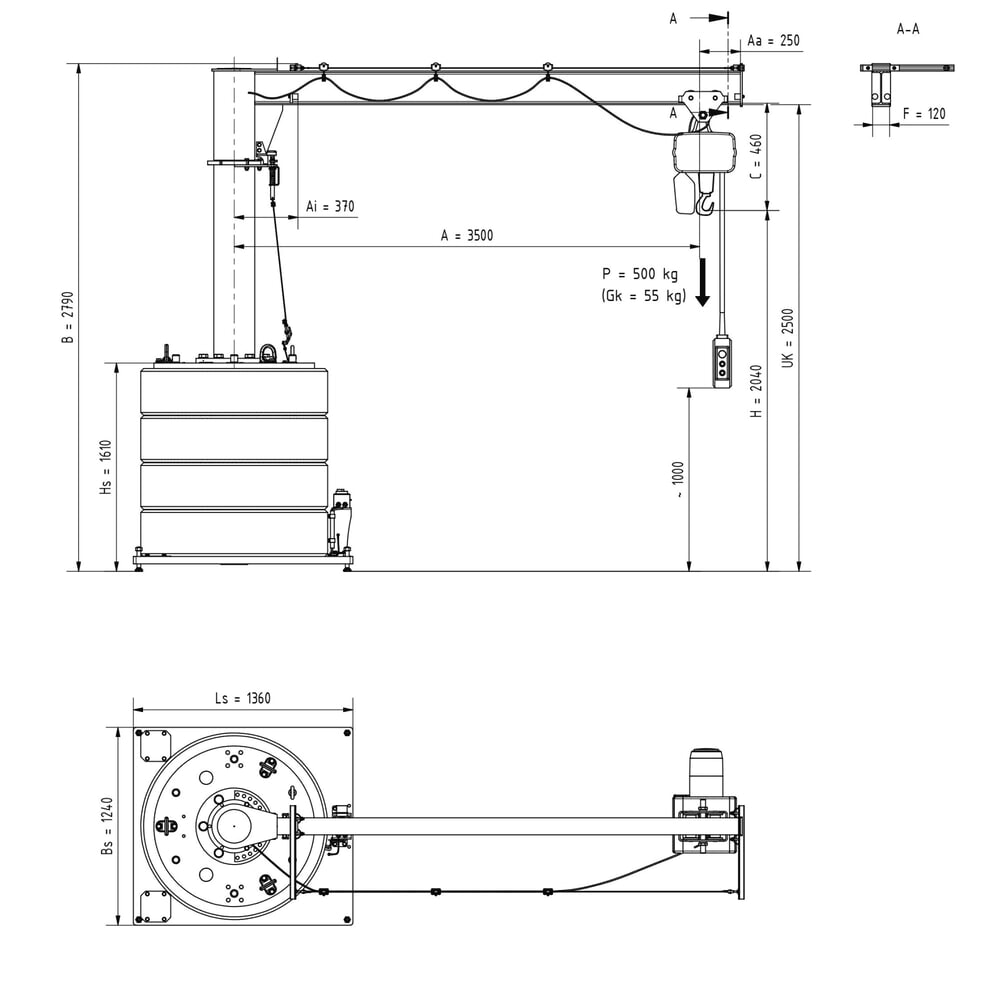 N° de l'image du produit 2 : Potence VETTER®, palan électrique à chaîne électrique LIFTKET inclus, version mobile, plage de pivotement de 360°, portée 3 500 mm, capacité de charge 500 kg