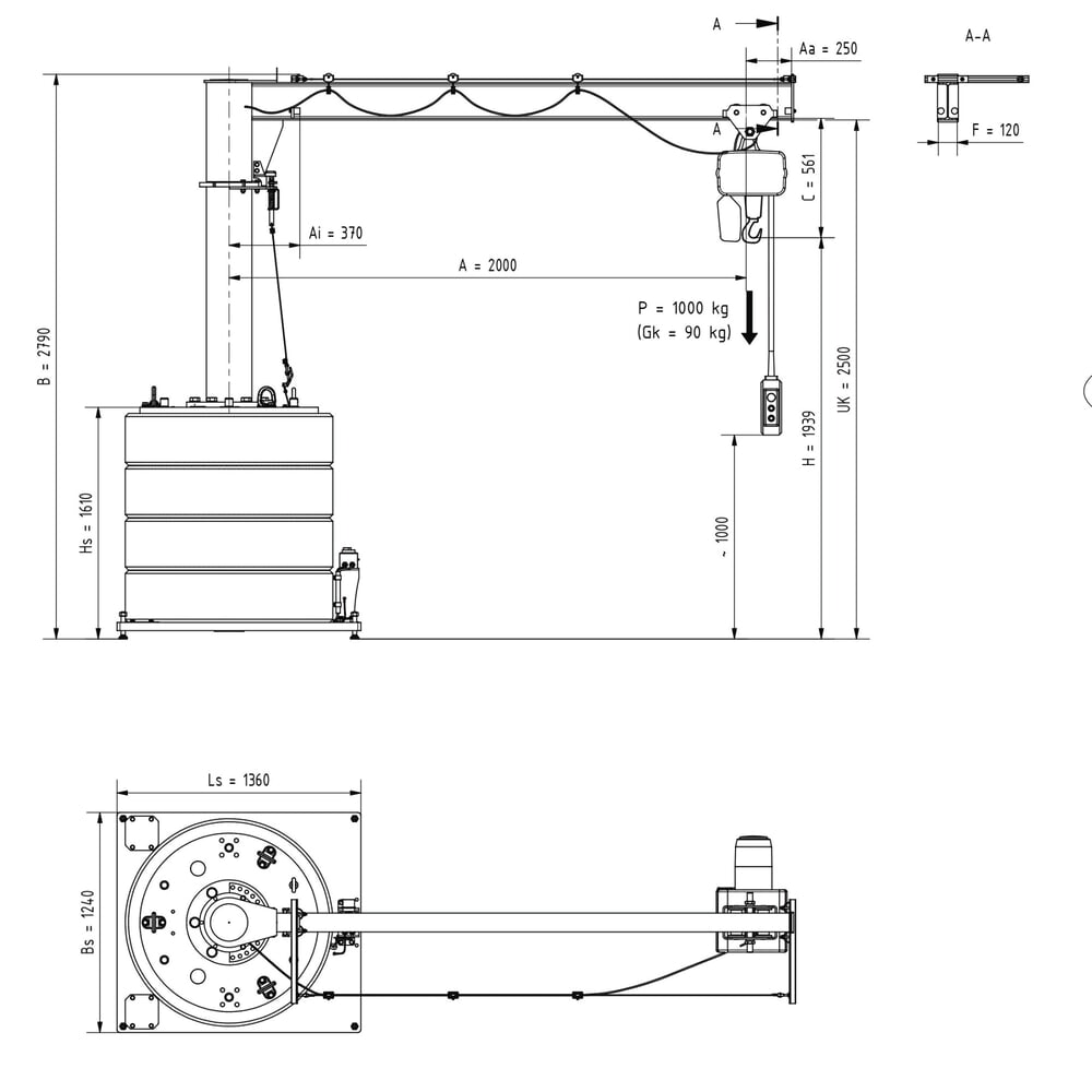 N° de l'image du produit 2 : Potence VETTER®, palan électrique à chaîne électrique LIFTKET inclus, version mobile, plage de pivotement de 360°, portée 2 000 mm, capacité de charge 1 000 kg